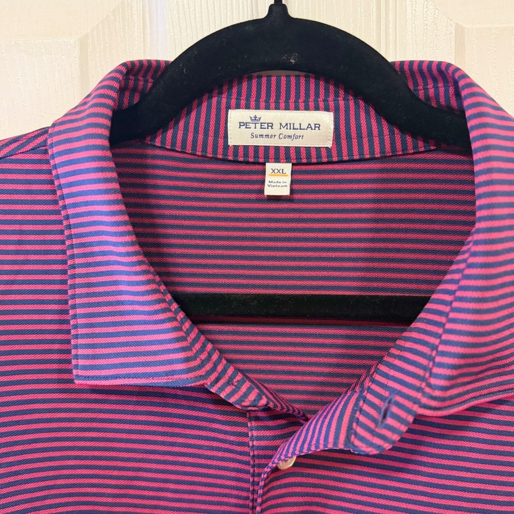 Peter Millar Summer Comfort Mens XXL Polo Burgundy Navy Stripe Squire Creek - Picture 15 of 16